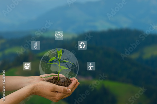 The exchange of planets in human hands and plants in human hands. earth day concept (Elements of this image furnished by NASA)