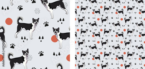 Seamless Canaan dog pattern, holiday texture. Square format, t-shirt, poster, packaging, textile, socks, textile, fabric, decoration, wrapping paper. Trendy hand-drawn dogs wallpaper, abstract. 