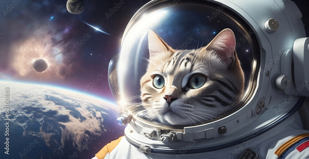 Sci-fi space wallpaper with astronaut cat. Astronaut cat in a spacesuit in outer space. space galaxy. AI
