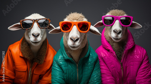 Fashionable portrait of three anthropomorphic cute sheep with sunglasses and vibrant jackets. Generative AI. © Aul Zitzke