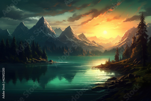 sunrise over mountain lake, nature background, generative ai 