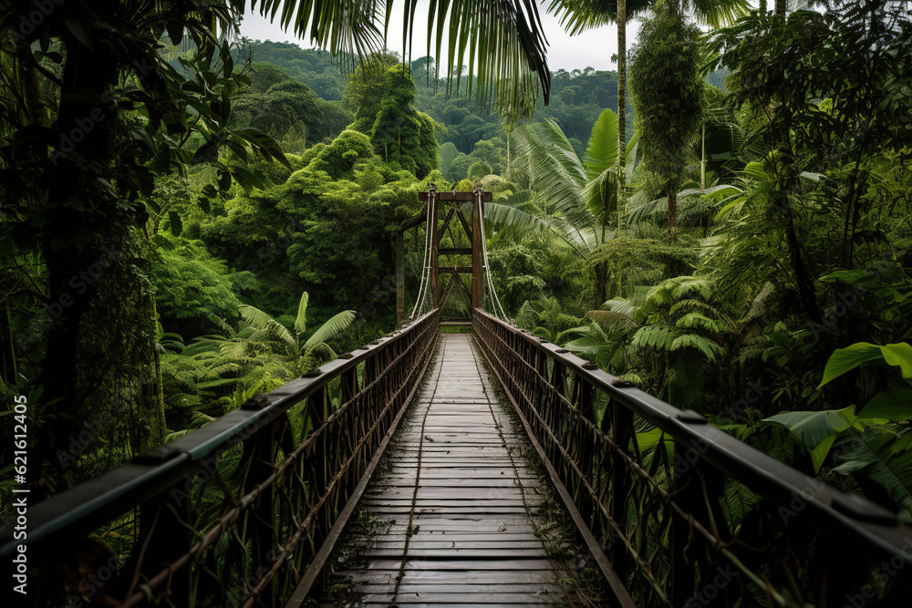 View of narrow footbridge between green tropical trees located in jungle, generative ai View of narrow footbridge between green tropical trees located in jungle, generative ai