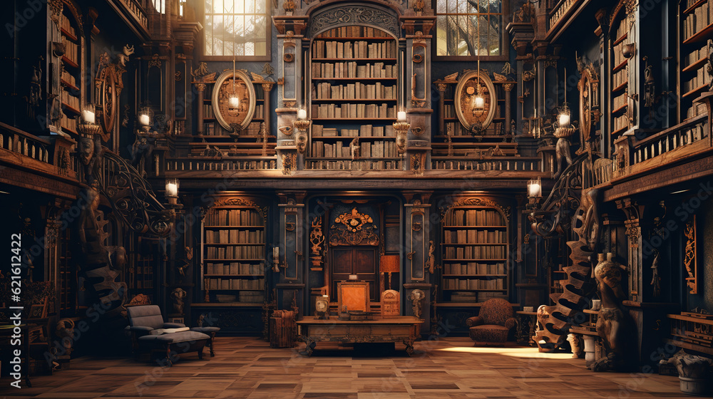 vintage library with lots of bookshelves, generative ai 