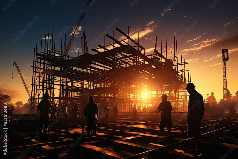 Silhouette Teams of Business Engineers looking for blueprints in construction sites through blurry construction sites at sunset,generative ai
