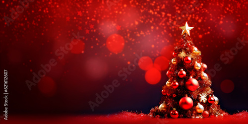 Christmas tree with red background with defocused lights. AI Generative.
