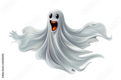 Halloween ghost on transparent background. Cartoon spirit figure. PNG element. Generative Ai.