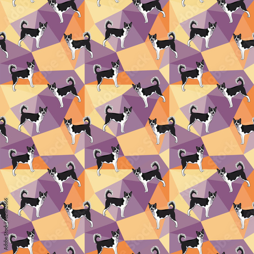 Canaan dog on a mosaic geometric background. Funky  colorful vibe  pastel colors palette. Simple  clean  modern texture. Geometric  polygon style. Summer seamless geometric pattern with mongrel dogs. 