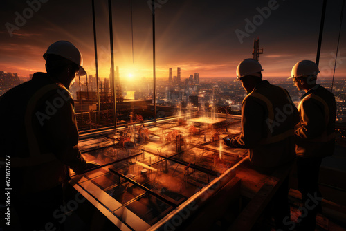 Silhouette Teams of Business Engineers looking for blueprints in construction sites through blurry construction sites at sunset,octane render,32k,golden hour,ultra realistic