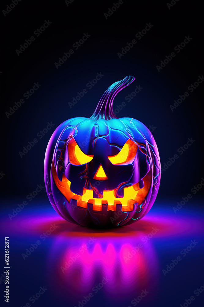 Creative Halloween pumpkin in neon colors. Generative Ai. Creative Halloween pumpkin in neon colors. Generative Ai.