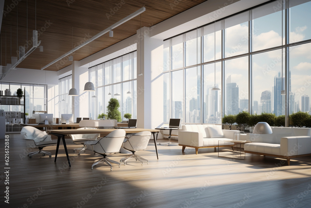 A large bright ultramodern office in the metropolis. Panoramic windows. High ceiling. The interior of the future. A large bright ultramodern office in the metropolis. Panoramic windows. High ceiling. The interior of the future.