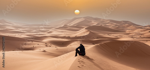 A person sitting in the Erg Chebbi desert in the African Sahara photo