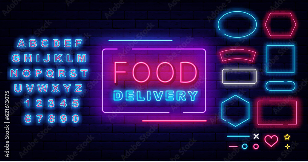 Food delivery neon label. Glowing advertising. Catering service. Geometric borders collection. Vector stock illustration