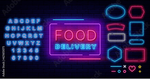 Food delivery neon label. Glowing advertising. Catering service. Geometric borders collection. Vector stock illustration