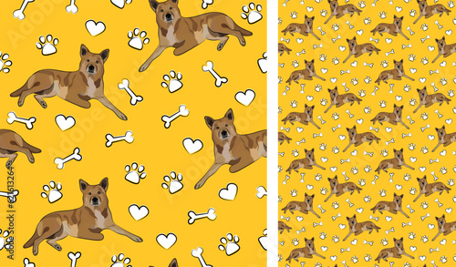 Canaan dog yellow background with bones and paws. Dog symbols, icons. Funky, colorful vibe, vibrant palette. Simple, clean, modern texture. Summer seamless pattern with dogs. Birthday present. Love.