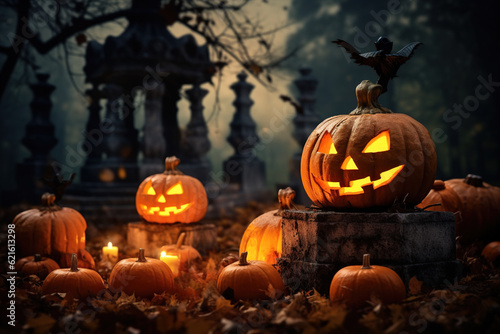 Jack-o-lanterns placed in a cemetery, with a vintage and aged color style. Spooky glowing pumpkins surrounded by weathered gravestones and candlelight. Halloween background. Generative Ai.