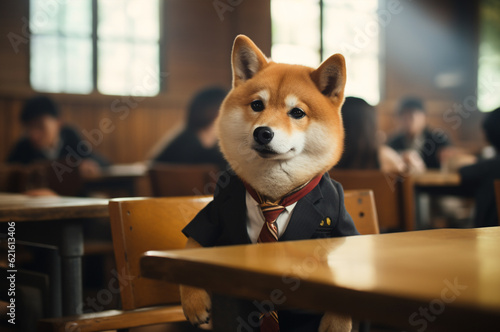Shiba dog is sitting at the desk. Shiba student. Shiba went to school. Generative AI