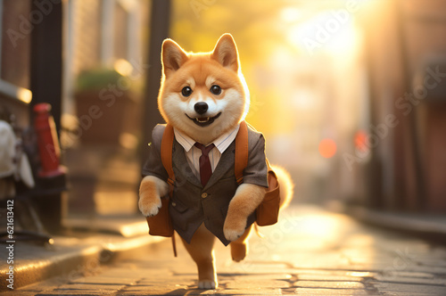 Shiba goes to school in a school uniform and with a backpack. Generative AI © upssallaaa