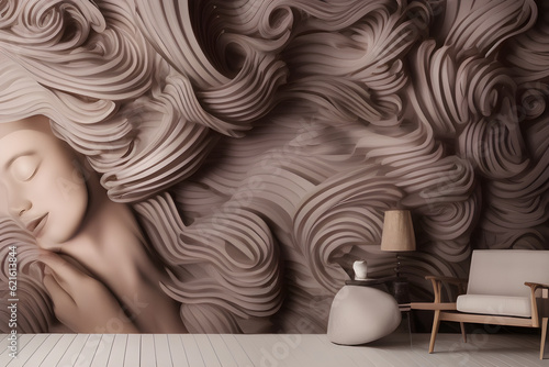 Wall mural of 3d wallpaper with a sculpture of a woman, in front of it is decorative furniture, generatie ai