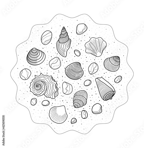 Line art hand drawn set of shells cartoon doodle objects, round composition.