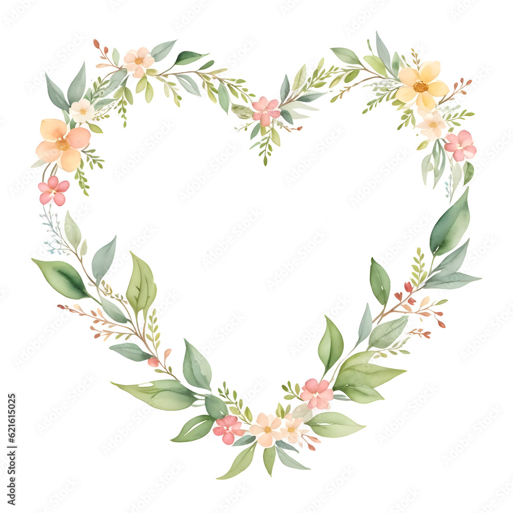 Card watercolor flower wreath with leaves heart frame on transparent ...