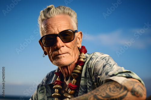 retired man with tattoos and sunglasses beach portrait