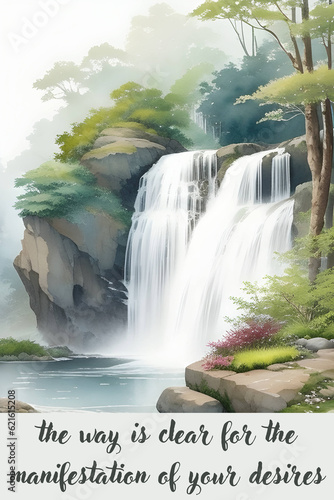 waterfall in the forest - Positive Quote - Watercolor Landscape wall art - Generative AI