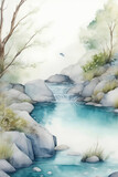 waterfall in the mountains - Landscape Illustration - Watercolor Landscape wall art - Generative AI