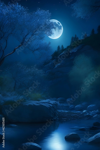 night landscape with moon and clouds - Landscape Illustration - Watercolor Landscape wall art - Generative AI