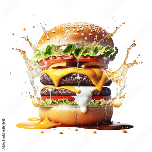Delicious burger with many ingredients isolated on transparent background. Tasty cheeseburger with splash sauce. png