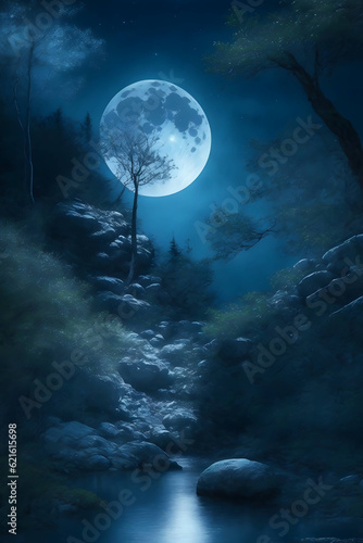 full moon over the sea - Landscape Illustration - Watercolor Landscape wall art - Generative AI