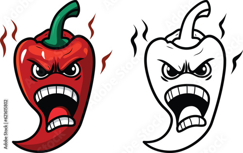Angry red chili cartoon mascot vector illustration , Mad red chili character , opened mouth , angry eyes stock vector image , colored and black and white line art