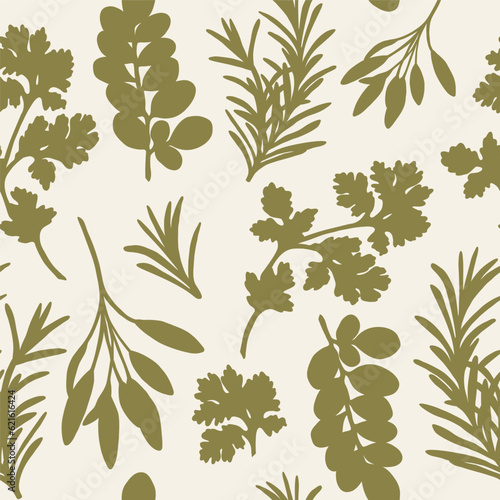 Hand drawn herbs seamless pattern. Coriander, rosemary, sage, moringa background