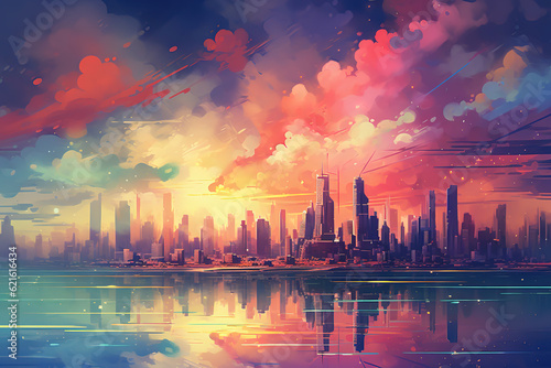 an abstract painting of city skyline with glowing clouds, generative ai 