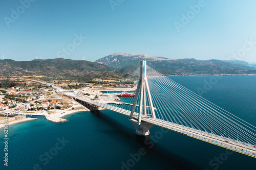 Aerial view of cable bridge of Rio - Antirio, Greece, It crosses the Gulf of Corinth near Patras,  photo