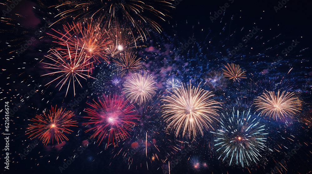From below shot of wonderful vivid fireworks exploding on background of black night sky, generative ai From below shot of wonderful vivid fireworks exploding on background of black night sky, generative ai