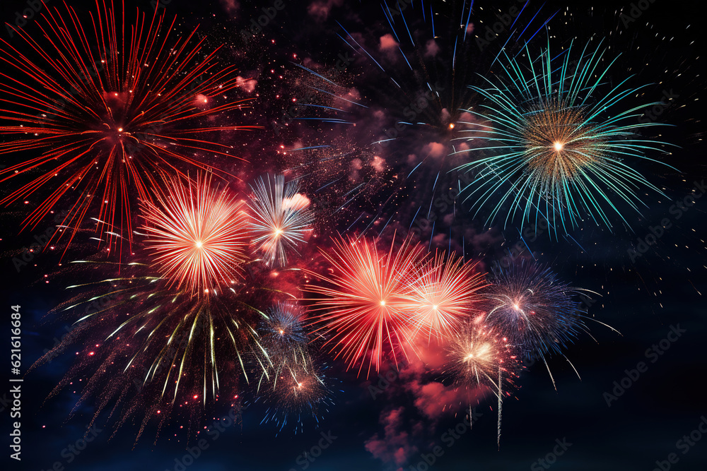 From below shot of wonderful vivid fireworks exploding on background of black night sky, generative ai From below shot of wonderful vivid fireworks exploding on background of black night sky, generative ai