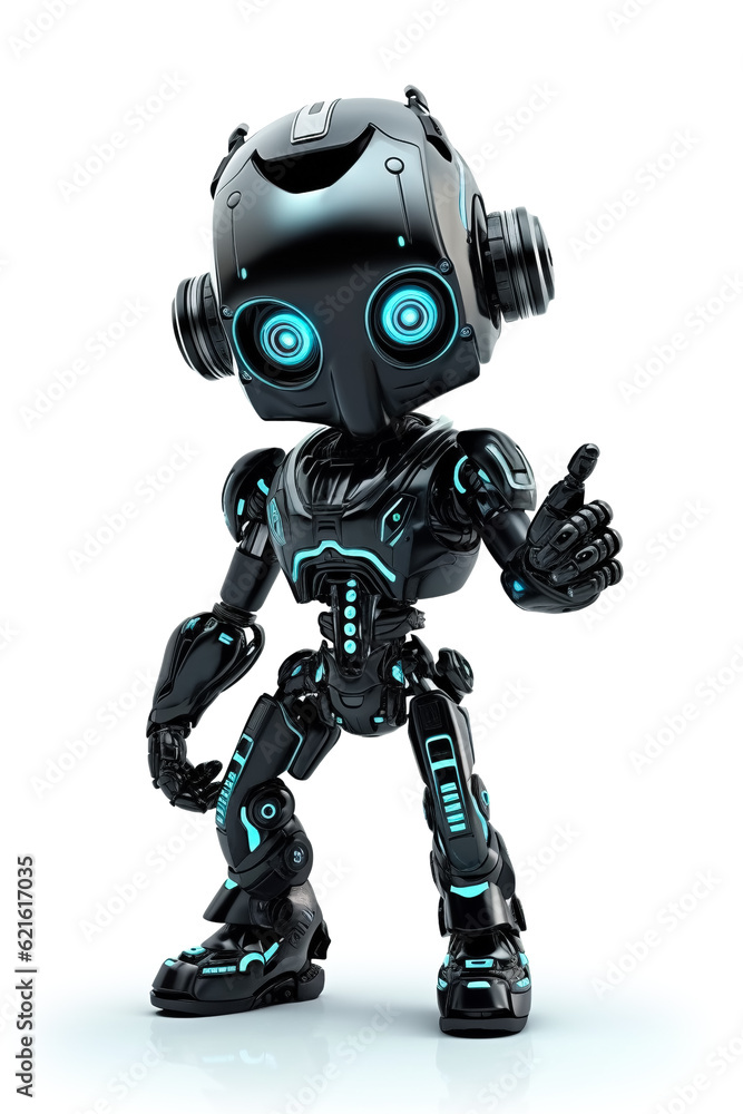 Cute friendly black smart robot isolated on white background. Created using generative AI Cute friendly black smart robot isolated on white background. Created using generative AI