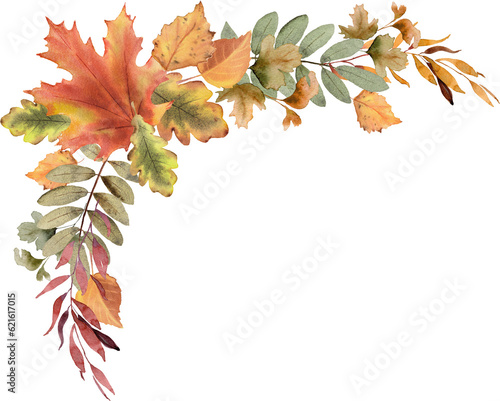 Fall leaves corner border. Autumn watercolor .