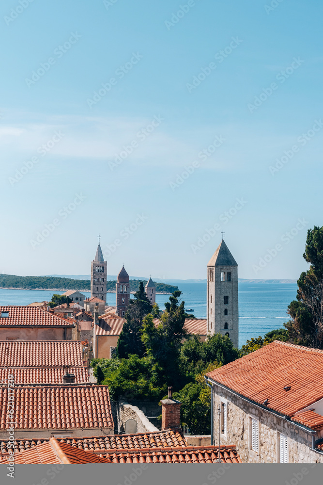 Famous beautiful Rab town with four towers. Rab island, Croatia
