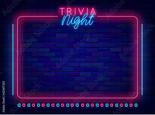 Trivia night neon pink frame. Quiz competition. Game event. Night club shiny advertising. Vector stock illustration