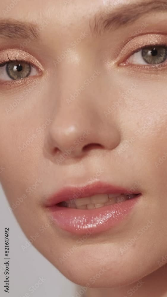 Vertical video. Beauty face. Skincare cosmetology. Facial freshness. Confident female model woman with natural makeup perfect flawless skin. Vertical video. Beauty face. Skincare cosmetology. Facial freshness. Confident female model woman with natural makeup perfect flawless skin.
