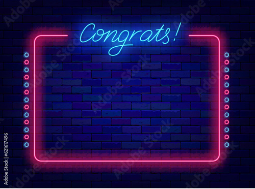 Congrats neon announcement. Shiny lettering. Vintage pink border. Winning frame. Vector stock illustration