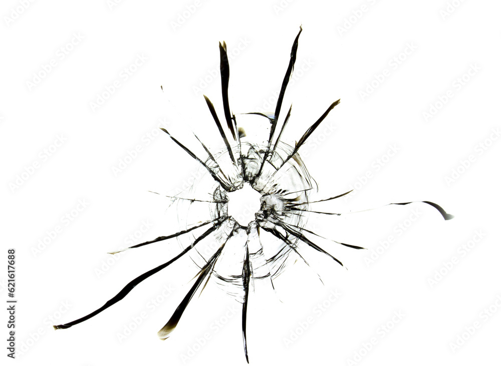 Texture of cracked glass with a hole from a bullet shot from a weapon. Isolated effect of a dish for design on a white background. Texture of cracked glass with a hole from a bullet shot from a weapon. Isolated effect of a dish for design on a white background.