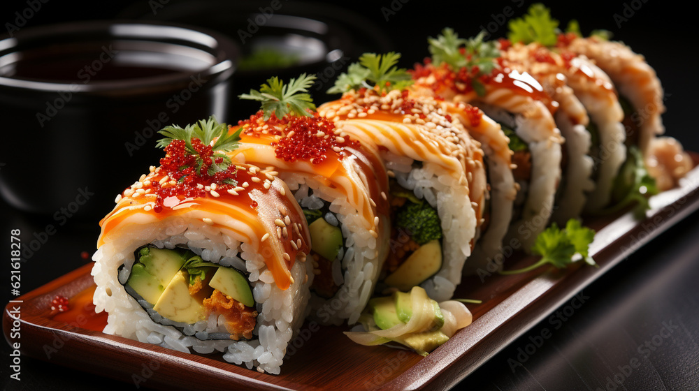 A vibrant sushi roll with fresh seafood and avocado, sushi banner, food Generative AI A vibrant sushi roll with fresh seafood and avocado, sushi banner, food Generative AI
