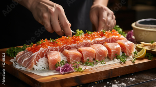 A close-up of a sushi chef's hands skillfully preparing a sushi roll, sushi banner, food Generative AI