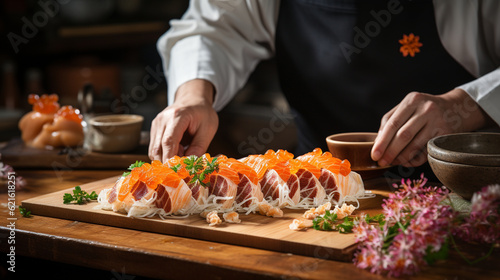 A close-up of a sushi chef's hands skillfully preparing a sushi roll, sushi banner, food Generative AI