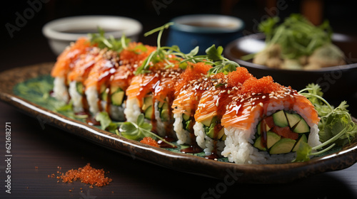 A vibrant sushi roll with fresh seafood and avocado, sushi banner, food Generative AI