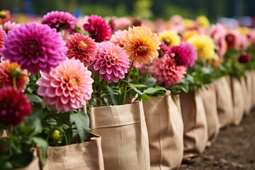 Colorful dahlia flowers in a row on a sunny day