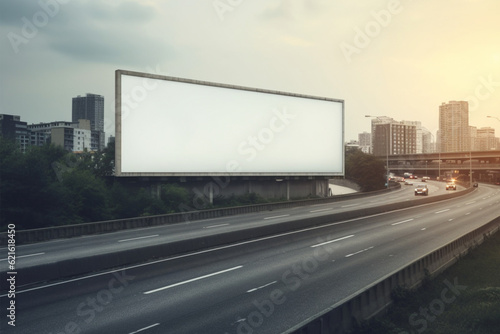 Blank white billboard on the highway on a background of sky