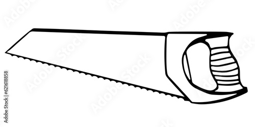 Wood saw. Tools or instruments for home renovation.  Building Hand tools. Engraved doodle sketch hand drawn vector illustration for  Banner, poster, Hardware Shop designs.